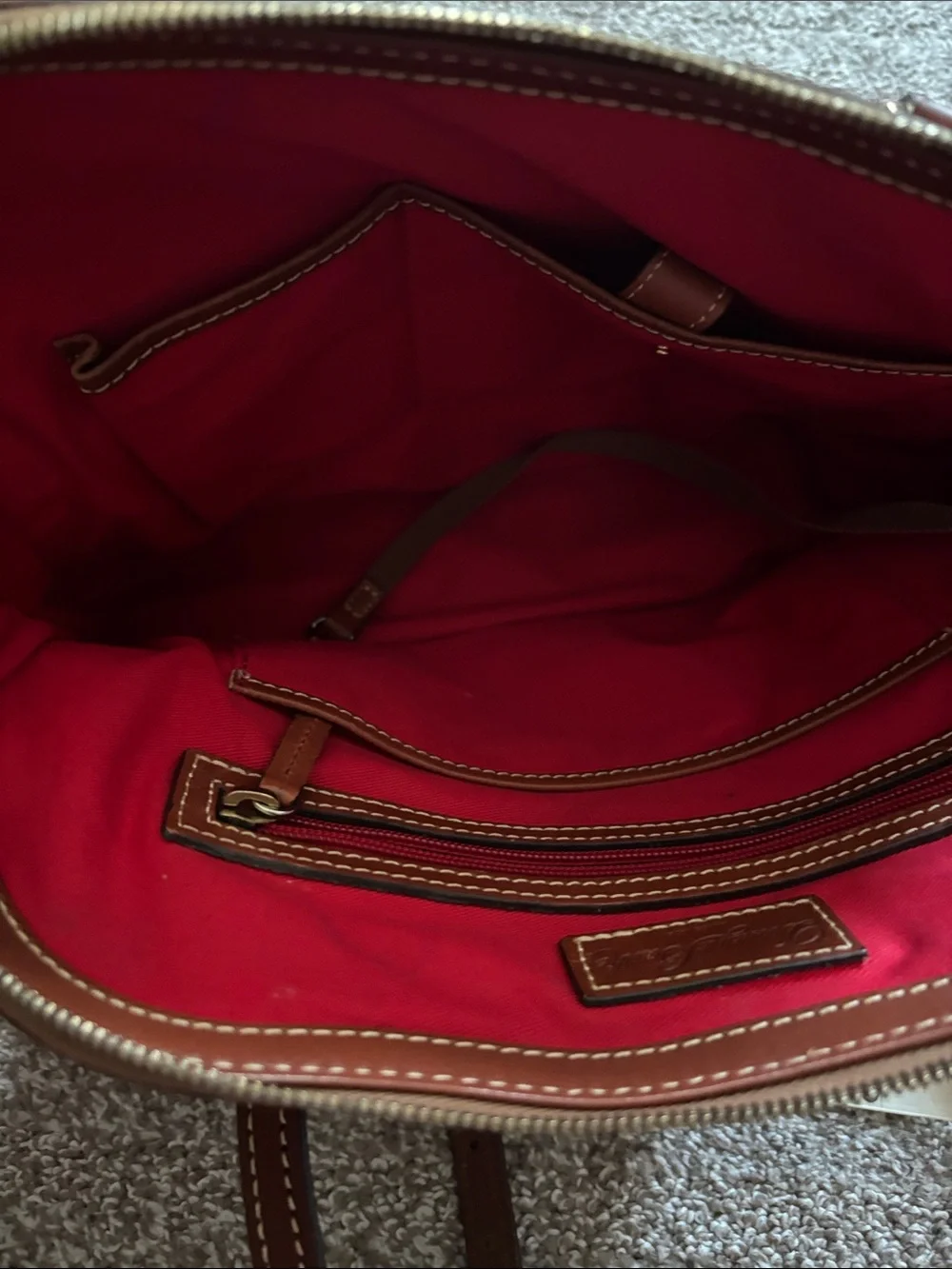 Dooney & Bourke Brown Pebbled Leather Dome Satchel with Tan Trim